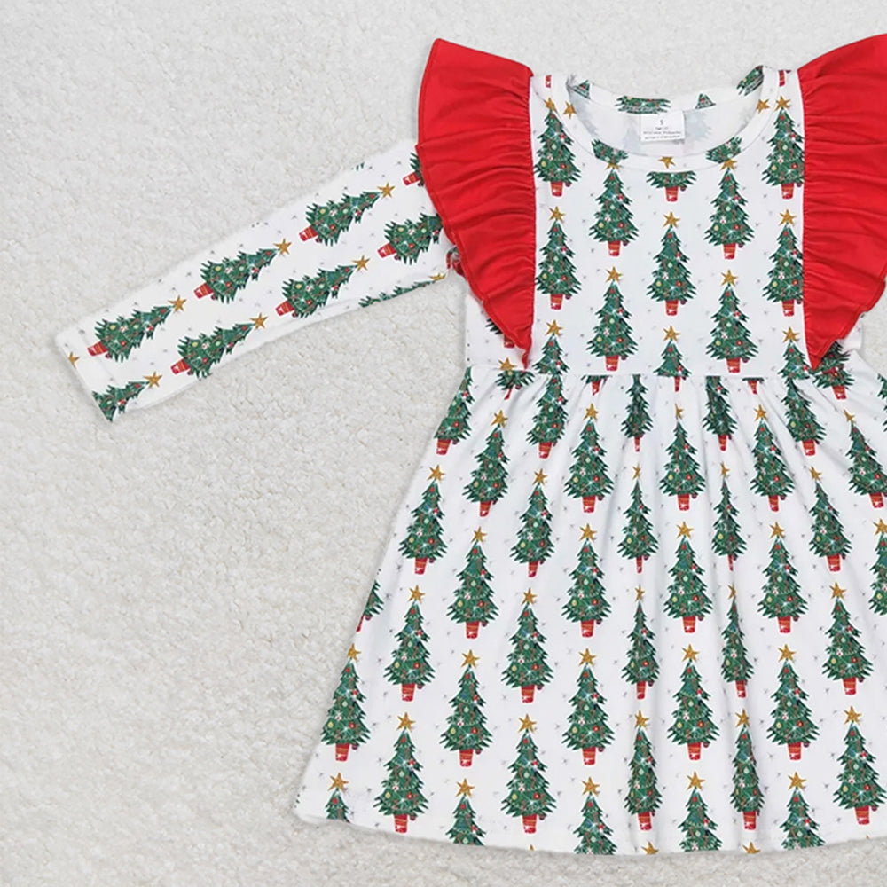 GLD0377RTS NO MOQ Baby Girls Winter Dress  Baby Girls Christmas Tree Ruffle Long SleeveKnee Length Dresses