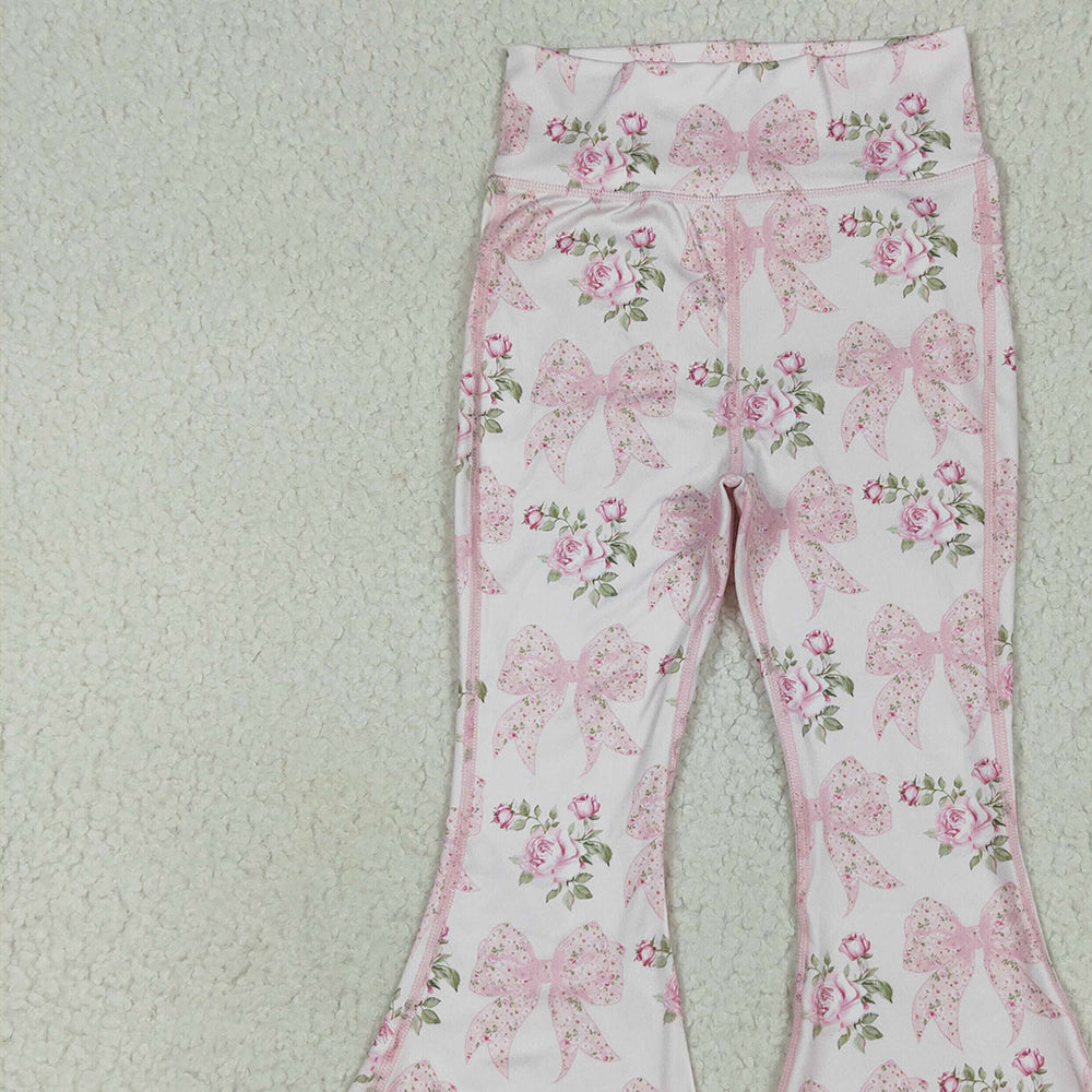 8.14 P0768 RTS NO MOQ Baby Girls Yoga Pants Baby Girls Pink Floral Bows Bell Bottom Yoga Pants