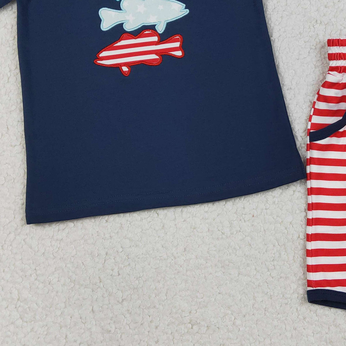 3.14 RTS NO MOQ （In stock）BSSO1741 Fashion Clothing For Baby Boys Embroidery Fishes Top Stripe Pockets Shorts 4th of July Clothes Sets