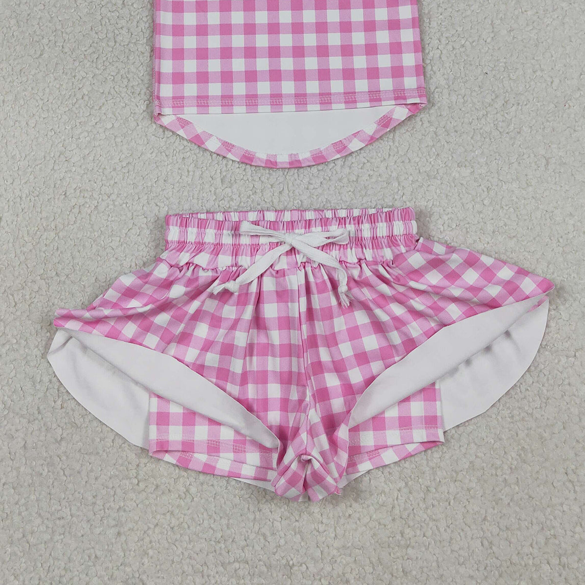 4.9 GSSO3478 RTS NO MOQ （In stock ）Sleeveless pink plaid top shorts girls active wear set