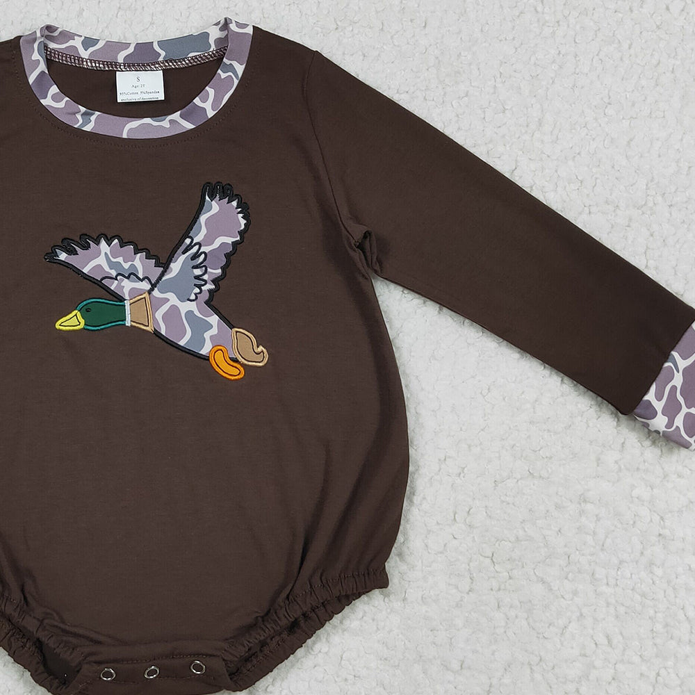 USA Shop (in stock)LR2310 Baby Boys Winter Rompers Embroidery Baby Boys Brown Long Sleeves Camo Duck Western Rompers