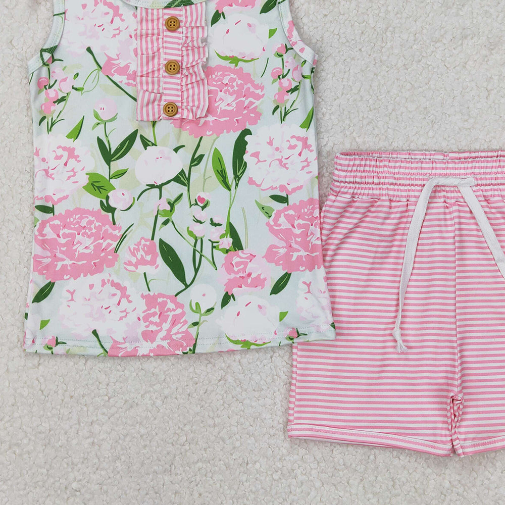 5.16 GSSO2357 RTS NO MOQ Sleeveless pink floral top stripe shorts girls clothing set
