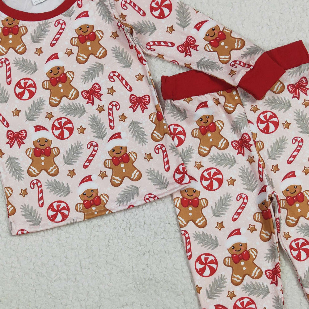 8.23 RTS NO MOQ （In stock）BLP1093 Baby Boys Winter Outfits Baby Boys Red Gingerbread Candy Cane Top Pant Christmas Pajamas Set