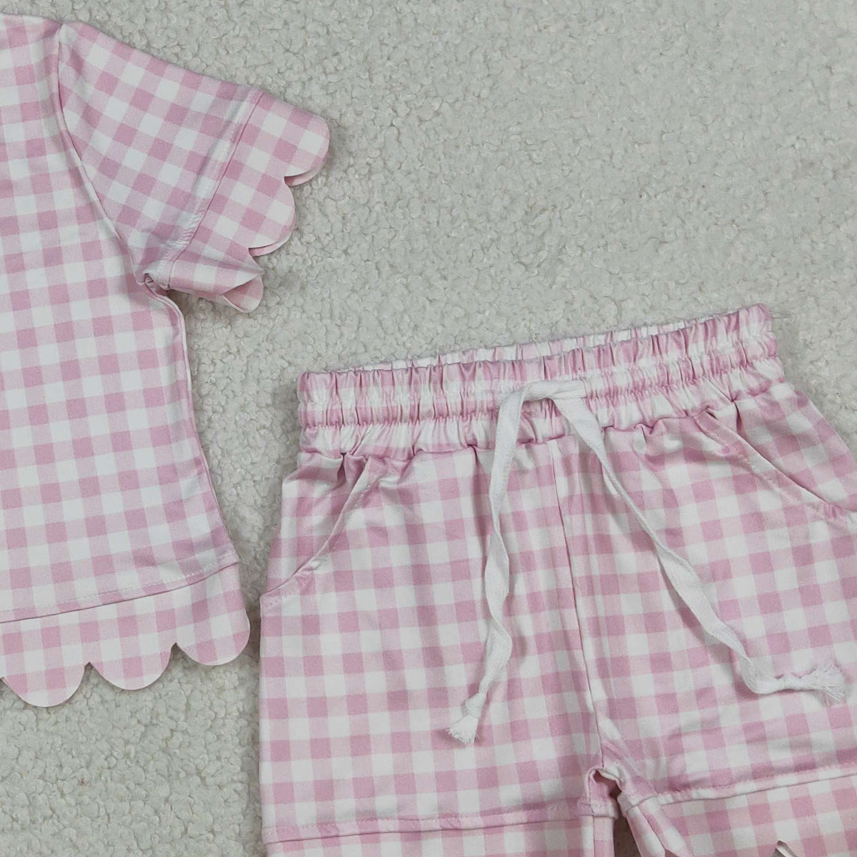 3.31 RTS NO MOQ （In stock） GSSO3183 Pink plaid scallop top shorts girls summer outfit