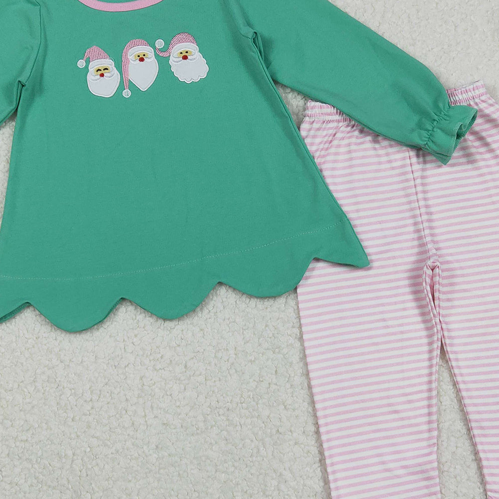 RTS NO MOQ （In stock）GLP2575 Baby Girls Winter Outfits  Green Christmas Santa Tunic with Stripe Legging Pant Sets