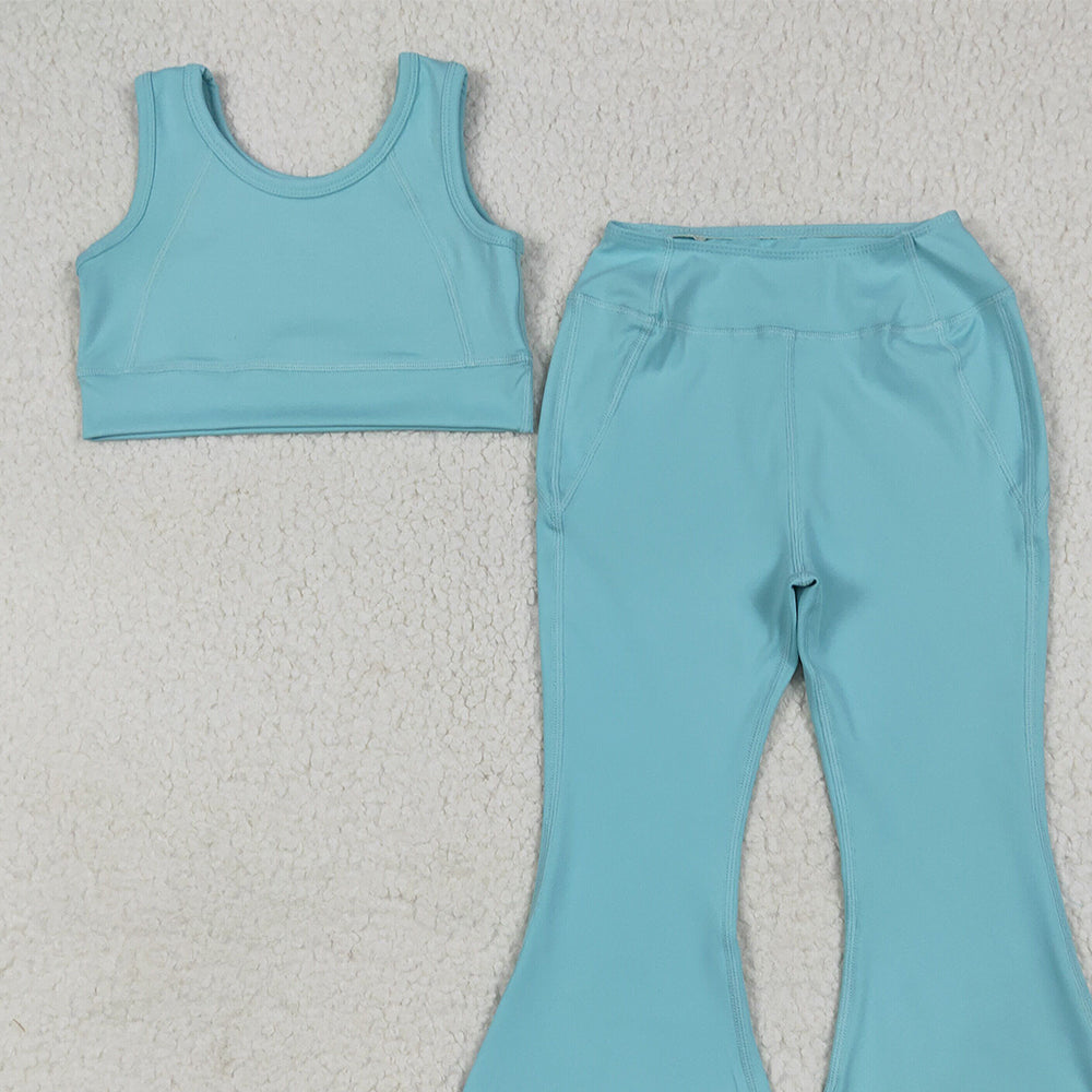 RTS NO MOQ （In stock）GSPO2004 Baby Girls Yoga Outfits Baby Girls Aqua Yoga Vest Bell Bottom Pants Active Wear Clothes Sets