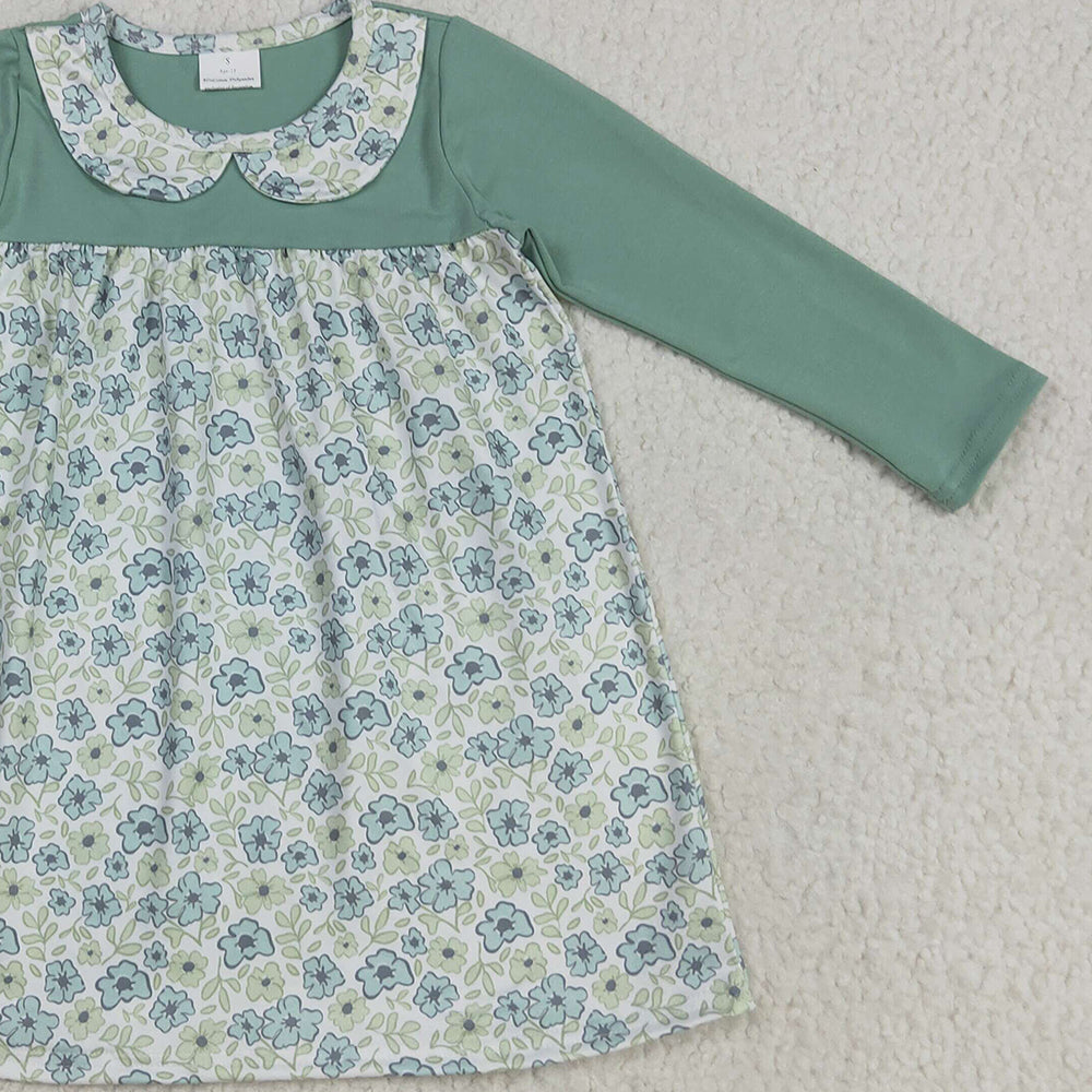RTS NO MOQ （In stock）GLD1087 Baby Girls Winter Dress Baby Girls Aqua Long Sleeves Flowers Plaid Knee Length Dresses