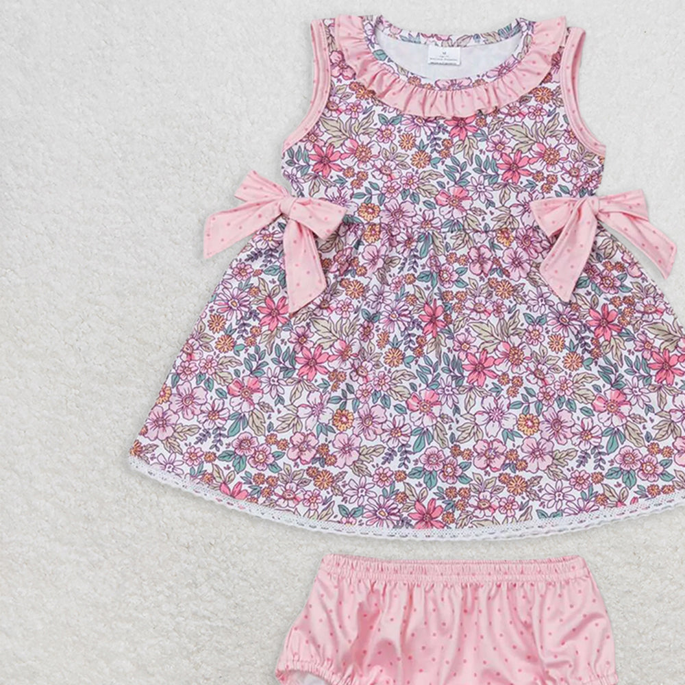 GBO0313RTS NO MOQ Baby Girls Summer Outfits  Baby Girls Pink Flowers Bows Tunic Top Bummies Clothes Sets