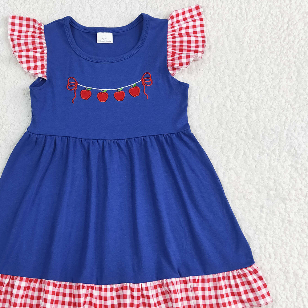 GSD2153RTS NO MOQ Baby Girls Summer Dress Embroidery  Baby Girls Red Plaid Flutter Sleeves Apples Dress