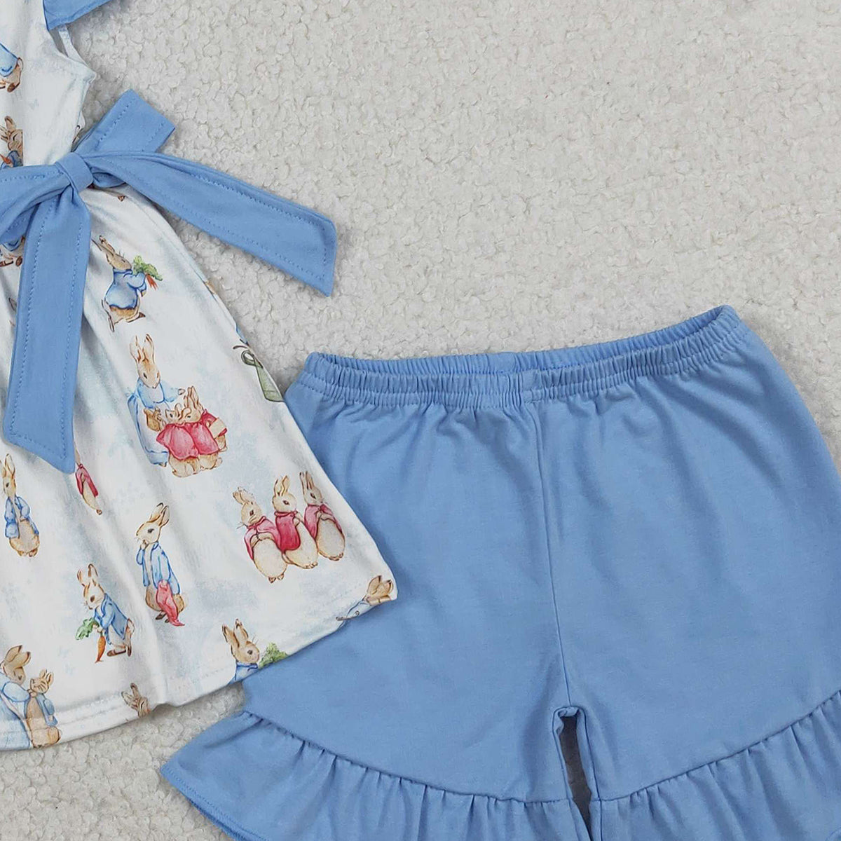 1.14 RTS NO MOQ （In stock）GSSO3055 Baby Girls Flutter Sleeve Rabbits Bows Tunic Ruffle Shorts Easter Clothes Sets