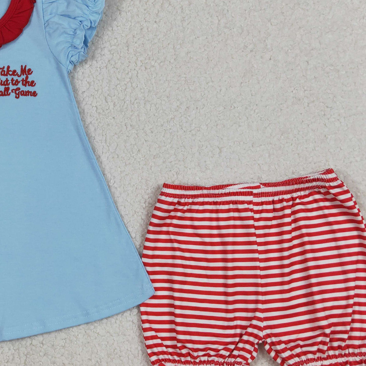 4.7 GSSO3245 RTS NO MOQ （In stock ）Embroidery Baseballs Bows Baby Girls Tunic Stripe Ruffle Shorts Team Clothes Sets