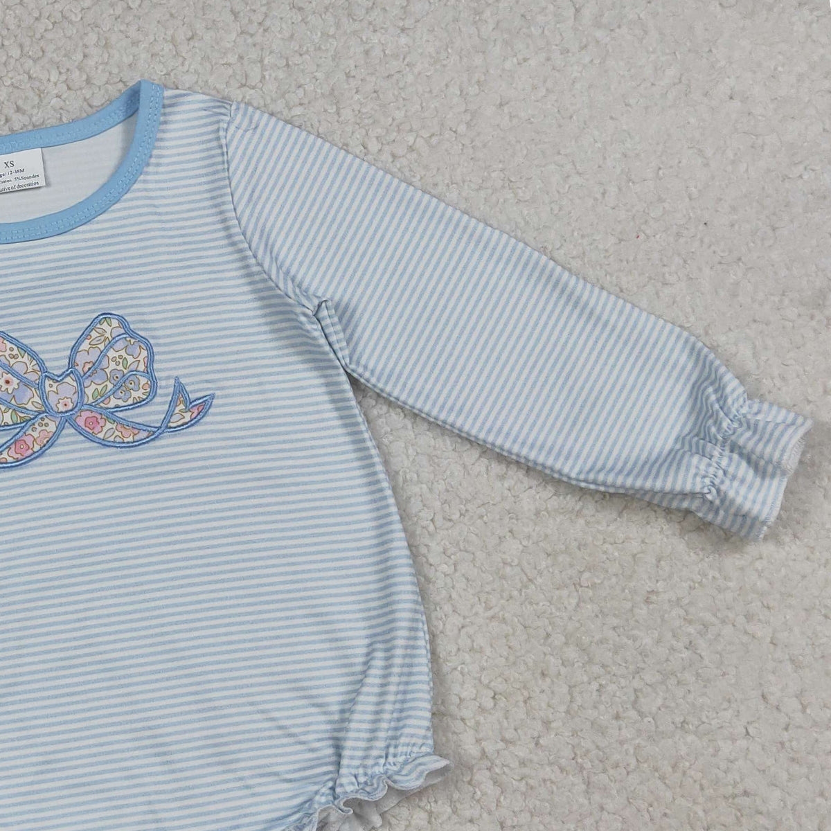 3.19 RTS NO MOQ （In stock）LR2917 Baby Girls Fashion Long Sleeve Embroidery Flowers Bow Blue Stripe Ruffle Rompers