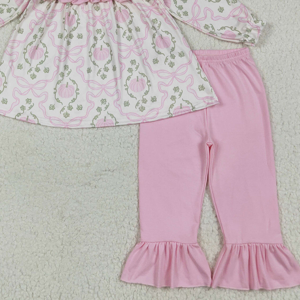 BT1256 RTS NO MOQ Baby Girls Winter Outfits Baby Girls Fall Pumpkins Bows Plaid Tunic Pink Ruffle Pant Sets