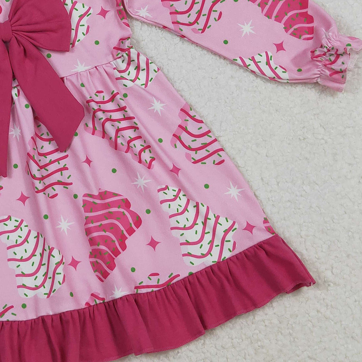 10.14 RTS NO MOQ （In stock）GLD1276 Baby Girls Winter Dress Baby Girls Pink Stripe Trees Stars Bow Christmas Ruffle Knee Length Dresses