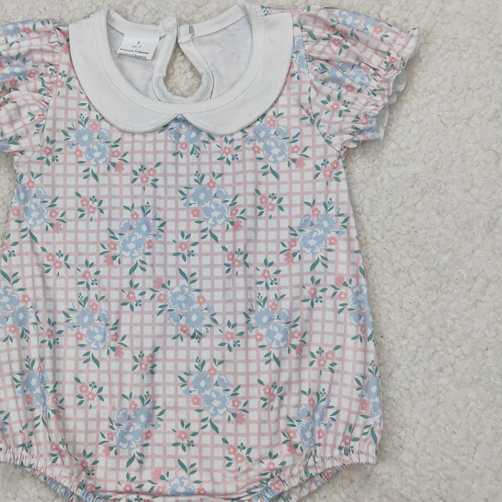 4.08 SR2878 RTS NO MOQ Baby Girls Summer Romper Short sleeves pink plaid floral baby girls romper