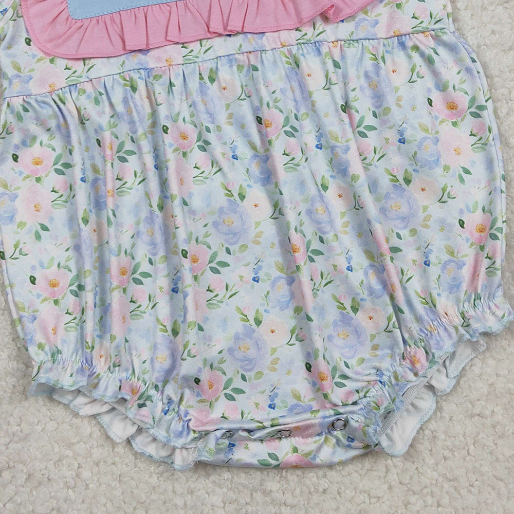 1.28 RTS NO MOQ （In stock）SR3271 Embroidery Rabbits Baby Girls Flowers Easter Ruffle Rompers