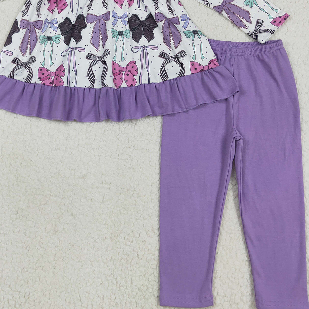 RTS NO MOQ （In stock） GLP2528 Baby Girls Winter Outfits Baby Girls Long Sleeves Purple Bows Button Top Legging Pants Sets