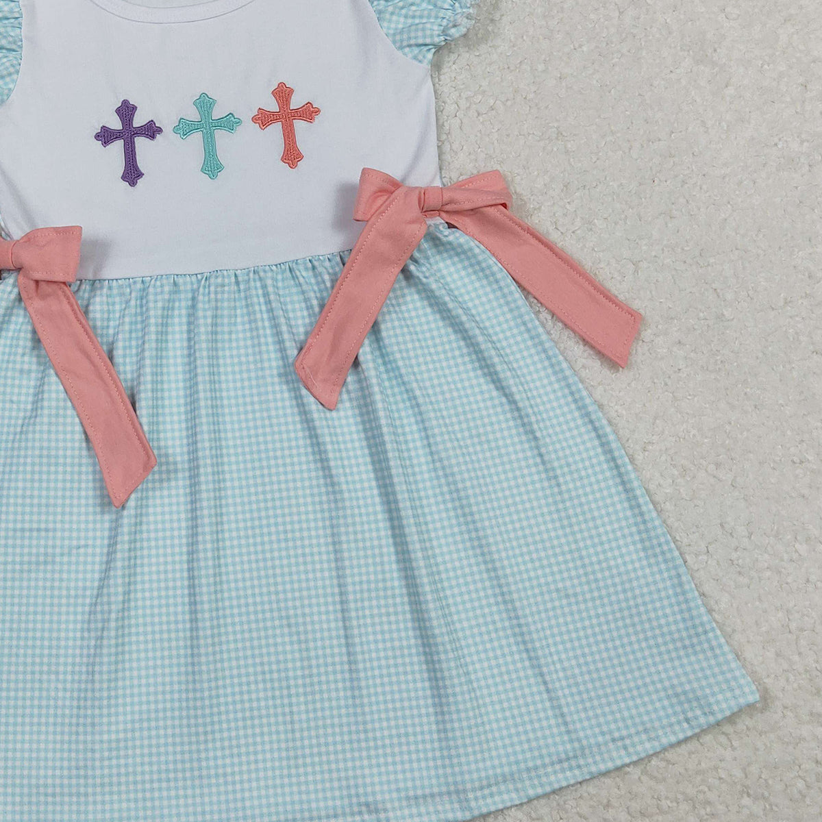 11.3 RTS NO MOQ （In stock）GSD2807 Embroidery Crosses Baby Girls Bows Easter Knee Length Dresses