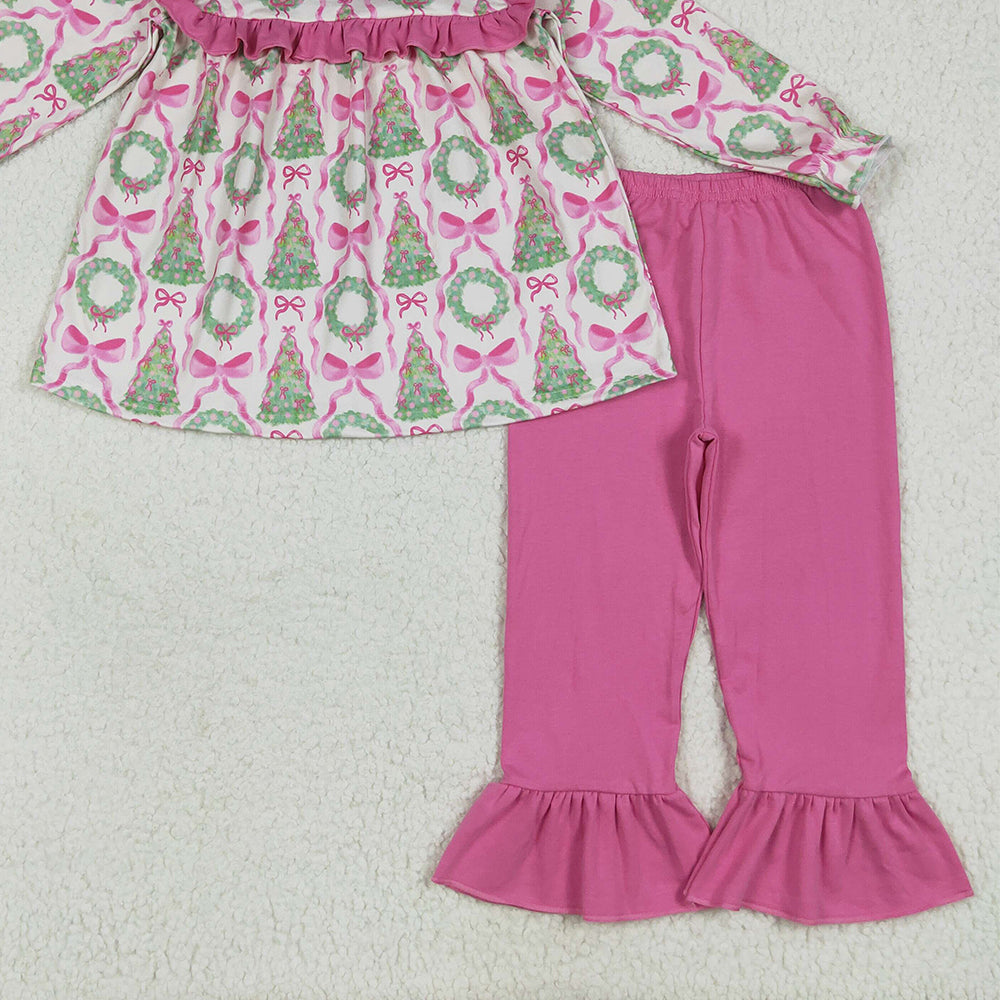 RTS NO MOQ （In stock） GLP2339  Baby Girls Winter Outfits Baby Girls Long Sleeves Trees Bows Tunic Ruffle Pant Set