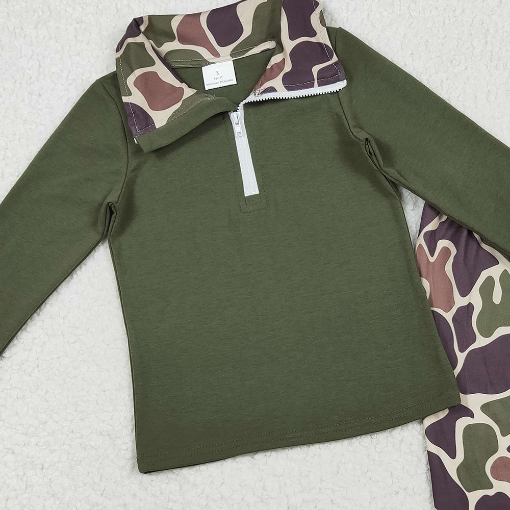 RTS NO MOQ （In stock）BLP1138 Baby Boys Winter Outfits Baby Boys Dark Green Long Sleeves Zipper Top Camo Pant Western Set