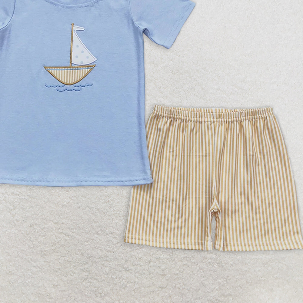 BSSO0602 RTS NO MOQ Baby Boys Summer Boys Outfits Baby Boys Sailboat Blue Short Sleeve Shirt Shorts Clothes Sets