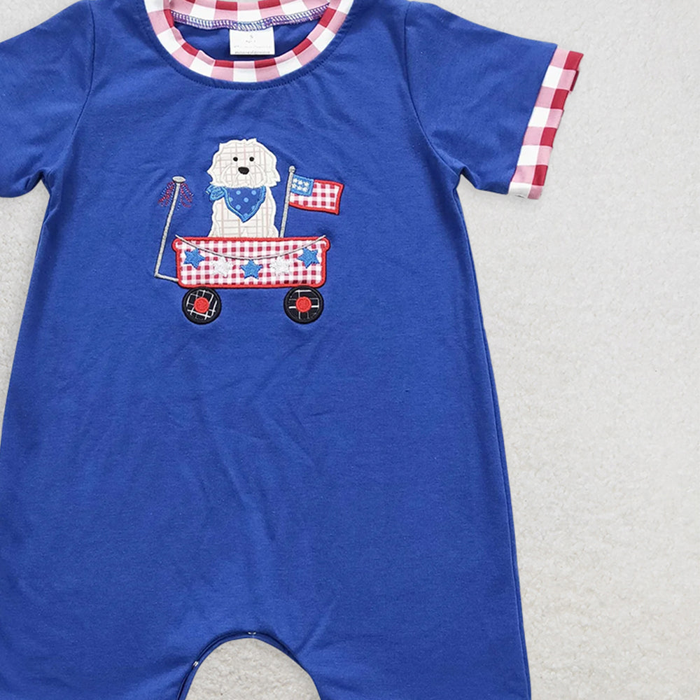 SR0749 RTS NO MOQ Baby Boys Summer Rompers Embroidery Baby Girls July 4th Dog Flag Sister Brother Rompers Clothes Sets