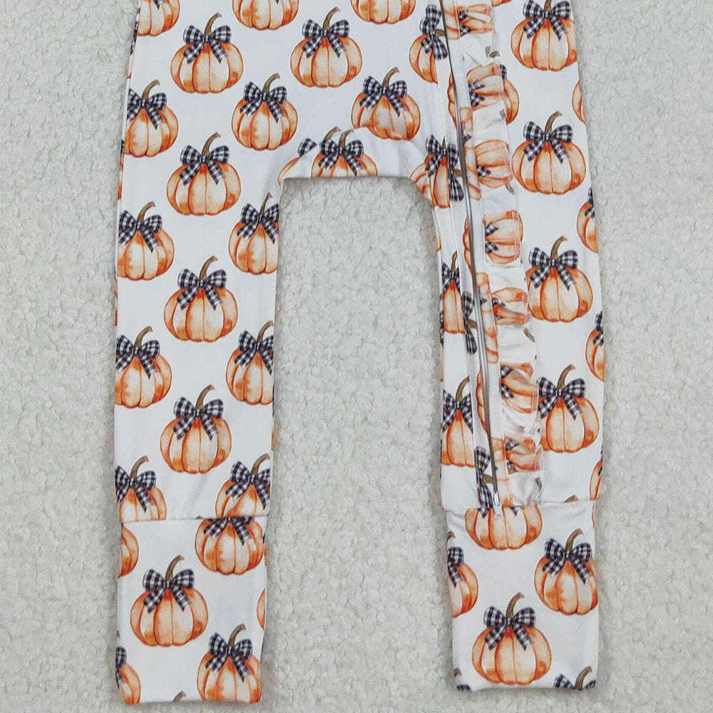 RTS NO MOQ （In stock）LR2557 Baby Boys Winter Rompers Black Plaid Bow Pumpkin Zipper Romper for Baby Girls Fall Season Outfit