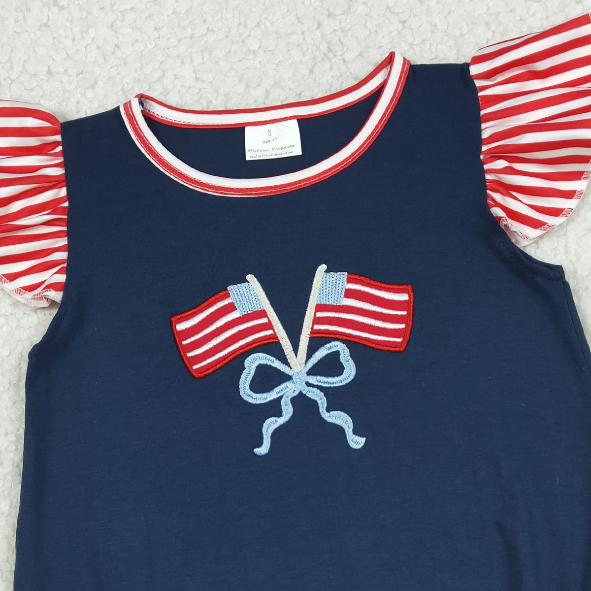 4.2 SR3903 RTS NO MOQ （In stock) Flutter sleeves flag bow embroidery baby 4th of july romper