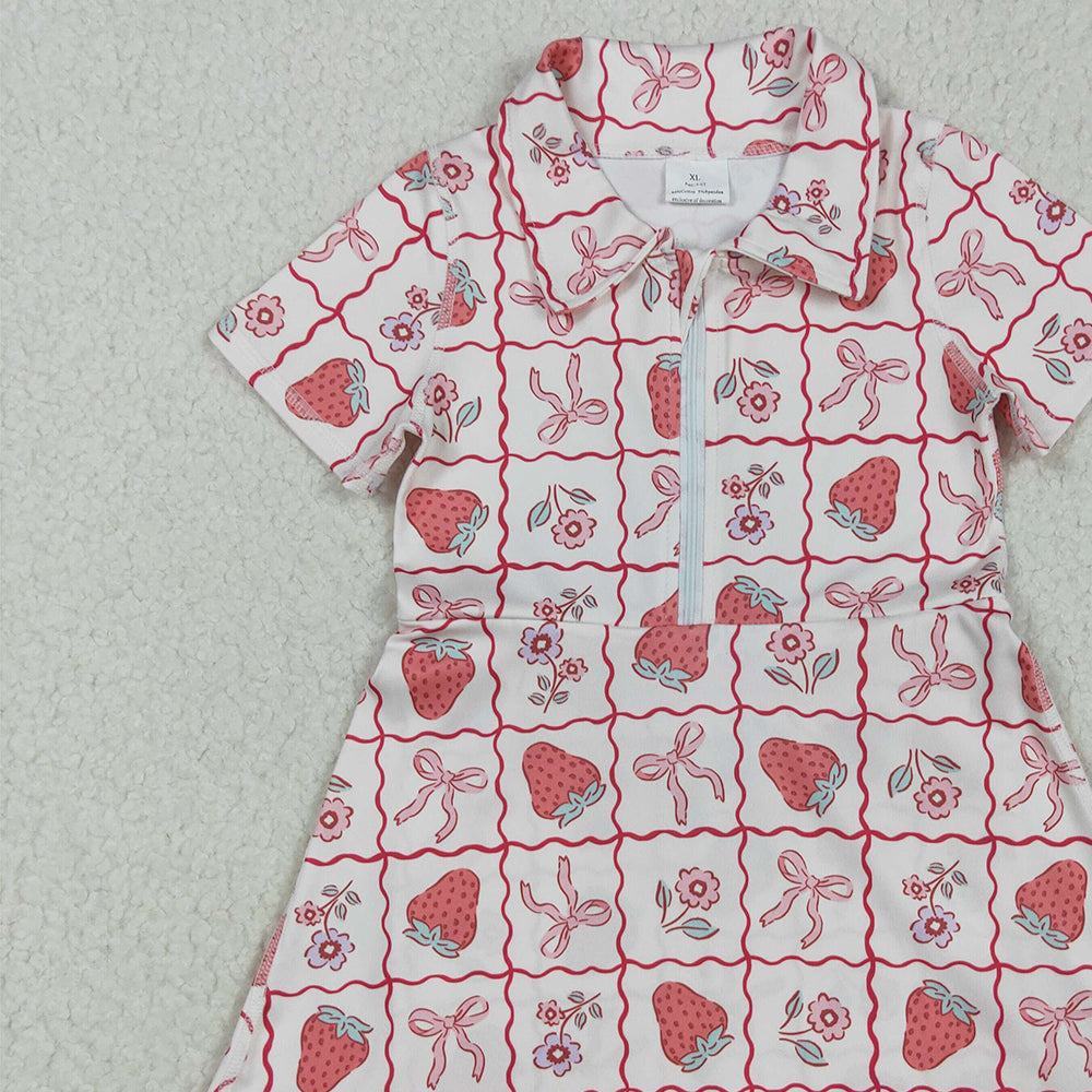 8.11  GSD2407RTS NO MOQ Baby Girls Summer Yoga Dress  Baby Girls Short Sleeves Bows Strawberry Zipper Knee Length Dresses