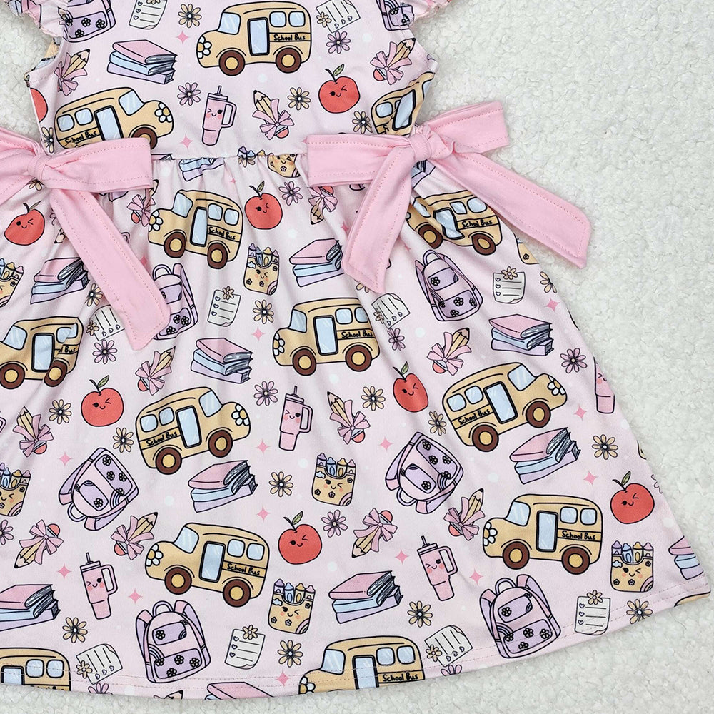 GSD1819Girls Back to School Dress with Flutter Sleeves Apple Pencil Book Print Cute Casual Fashion for Women
