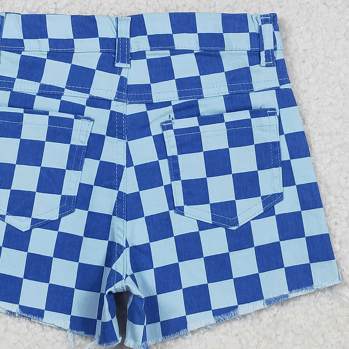 12.13 RTS NO MOQ （In stock）SS0763 Baby Girls Summer Shorts Baby Girls Blue Checked Pockets Denim Shorts Bottom