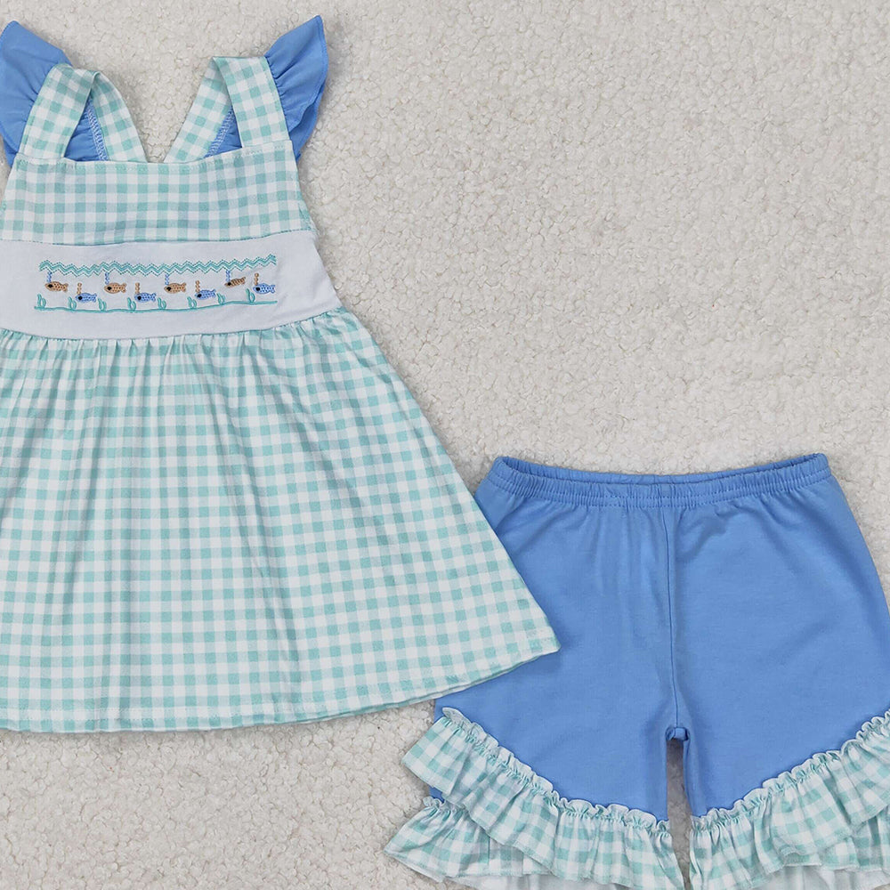 5.19  GSSO2148 RTS NO MOQ Flutter sleeves fishing plaid tunic shorts girls summer clothes