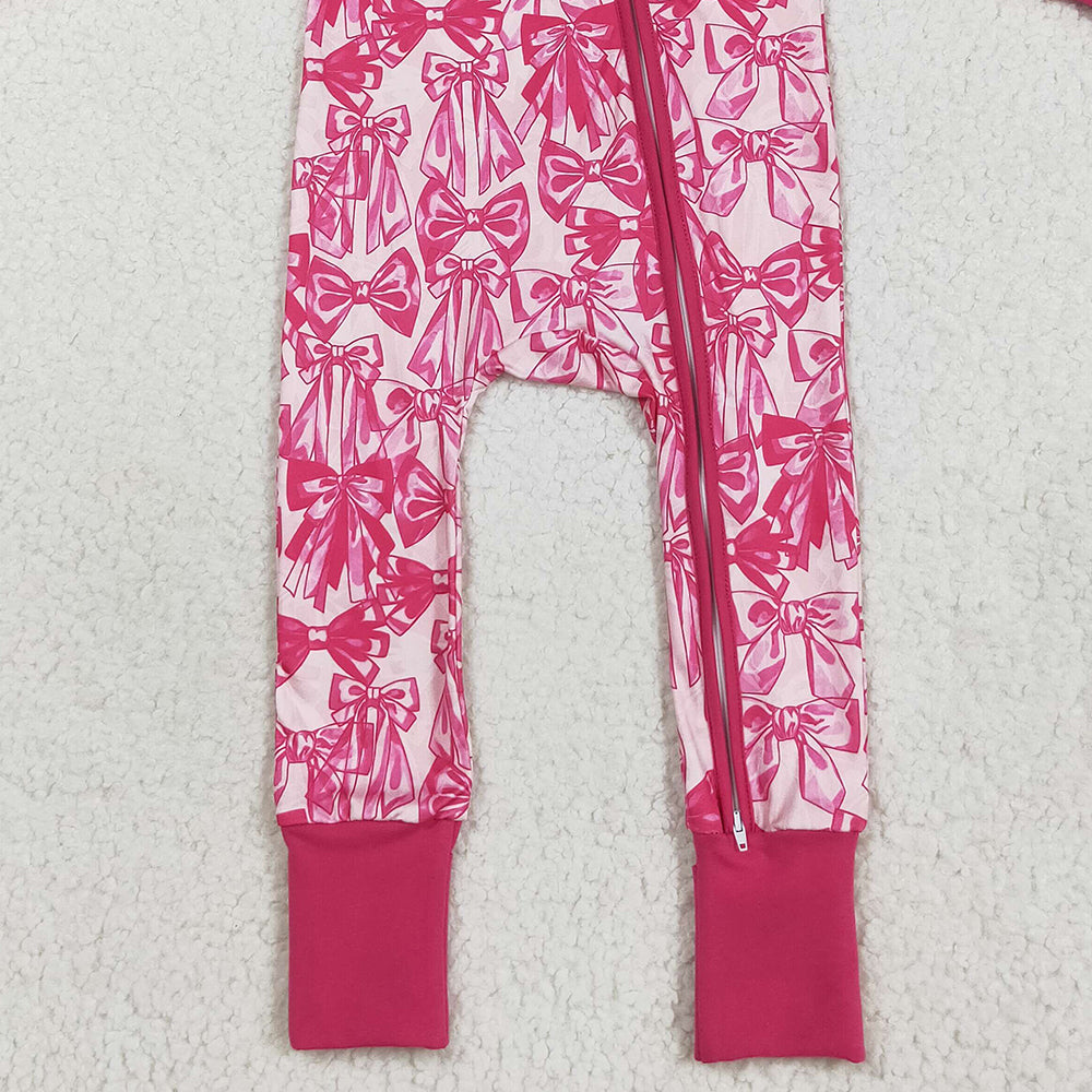 8.20 RTS NO MOQ （In stock）LR2365 Baby Girls Winter Rompers Baby Girls Long Sleeves Pink Bows Zipper Footie Rompers