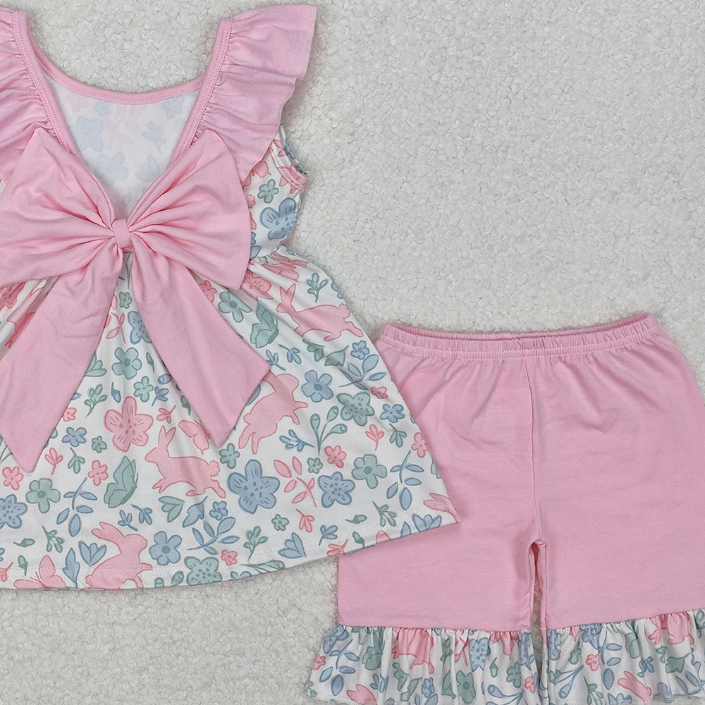 GSSO1881Girls Pink Ruffle Floral Bunny Tunic Short Set Easter Outfit Spring Clothing Toddler Kids Animal Print Headband Included