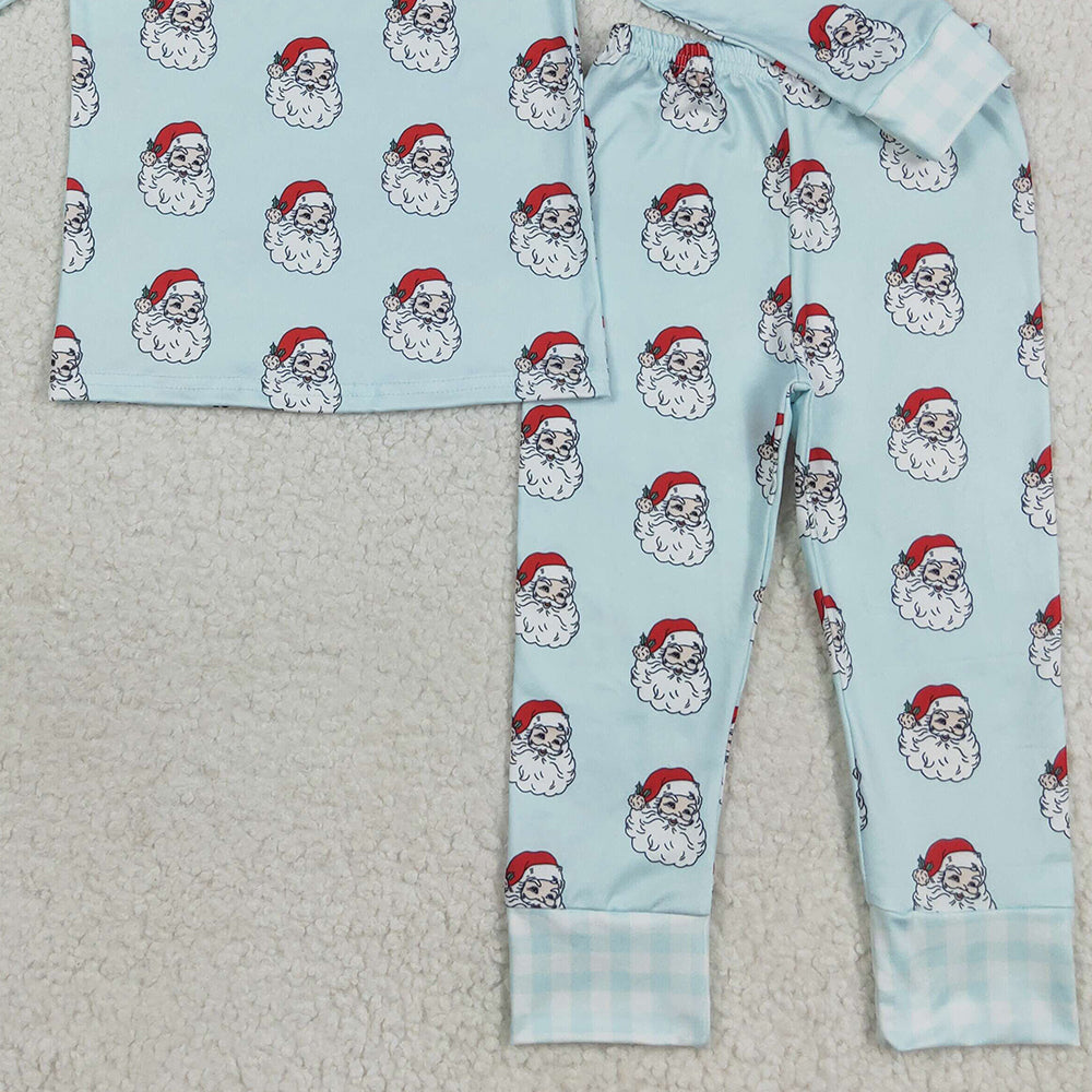 RTS NO MOQ （In stock）BLP1090 Baby Boys Winter Outfits Baby Boys Blue Christmas Santa Top Pants Pajamas Sets