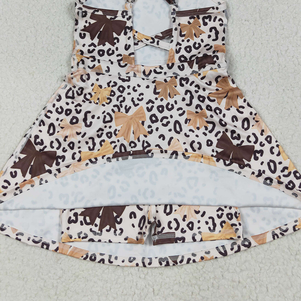 RTS NO MOQ （In stock）GSD2649 Baby Girls Summer Yoga Dress Baby Girls Strap Olive Bows Leopard Shorts Knee Length Dresses