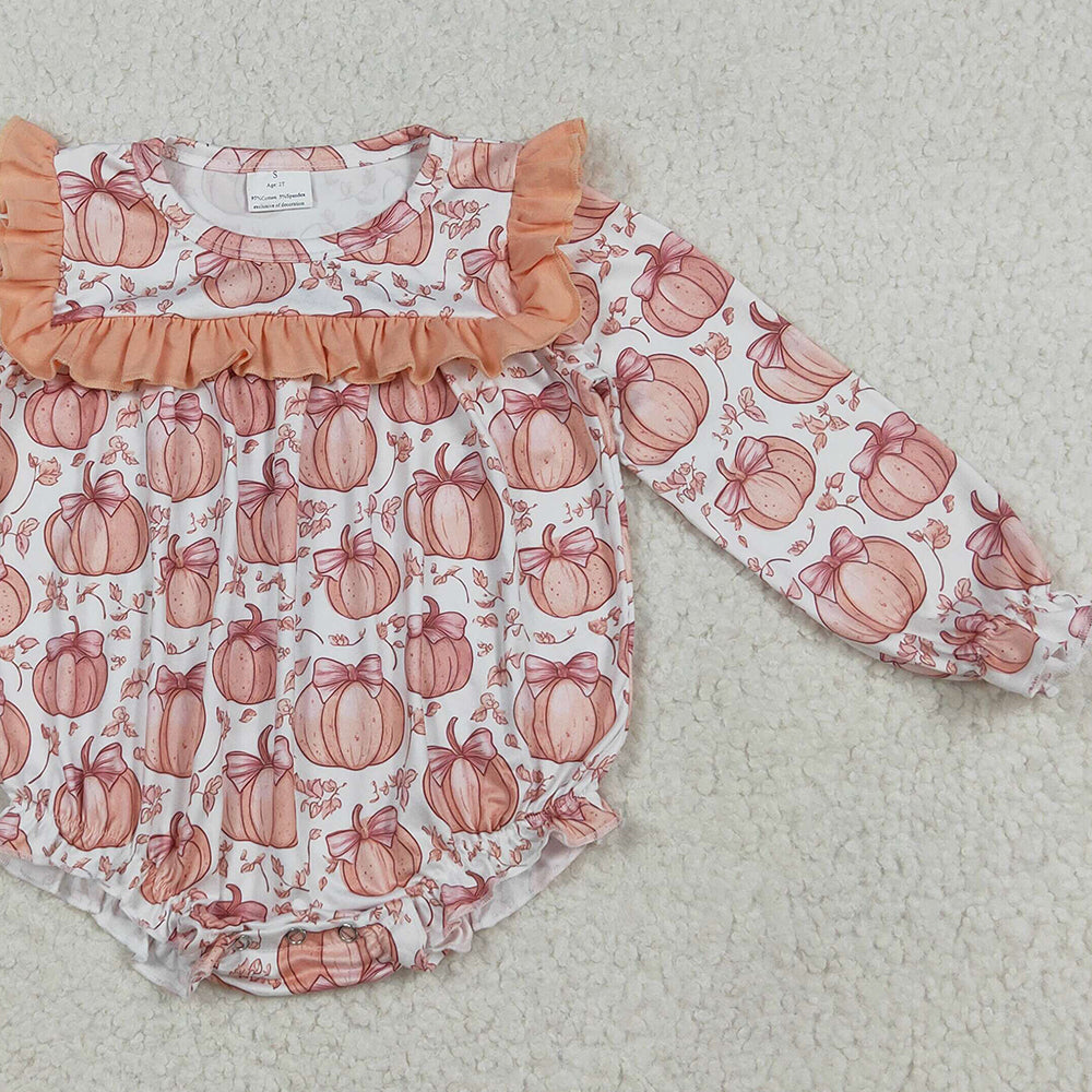 RTS NO MOQ （In stock）LR2295 Baby Girls Winter Rompers Baby Girls Long Ruffle Sleeves Bows Pumpkins Rompers