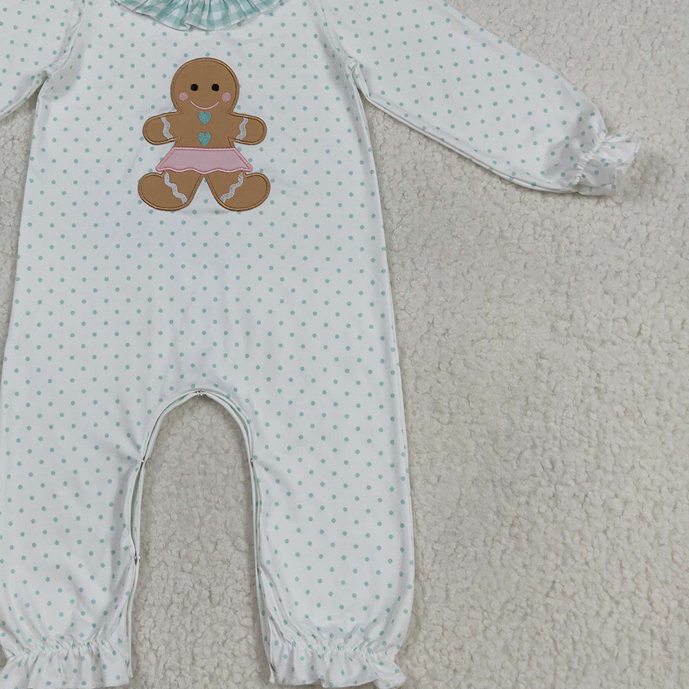 RTS NO MOQ （In stock）LR2341 Baby Girls Winter Rompers Embroidery Baby Girls Christmas Polka Dots Gingerbread Rompers