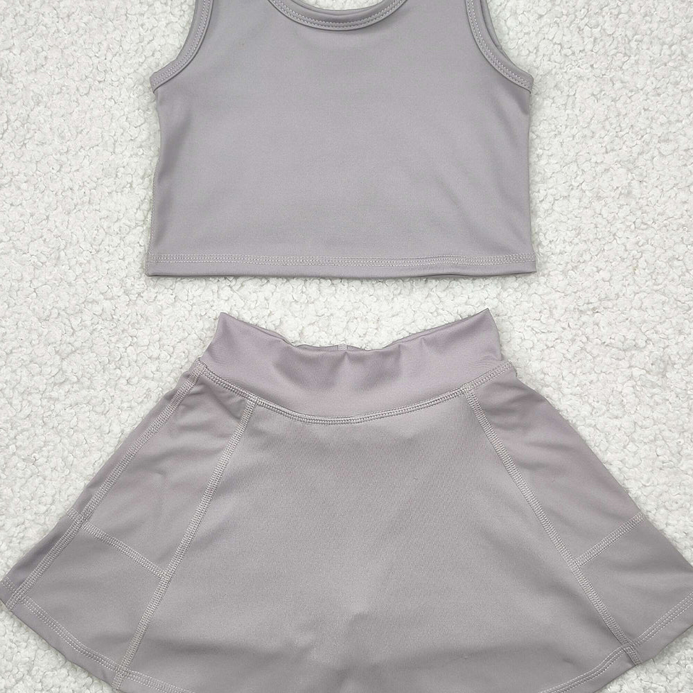 7.15  GSD1983 RTS NO MOQ Baby Girls Yoga Outfits Baby Girls Active Gray Sleeveless Top Pockets Skirt Yoga Set