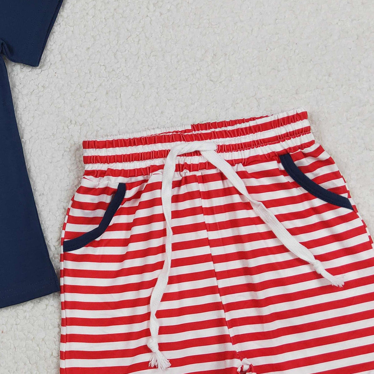 3.14 RTS NO MOQ （In stock）BSSO1741 Fashion Clothing For Baby Boys Embroidery Fishes Top Stripe Pockets Shorts 4th of July Clothes Sets