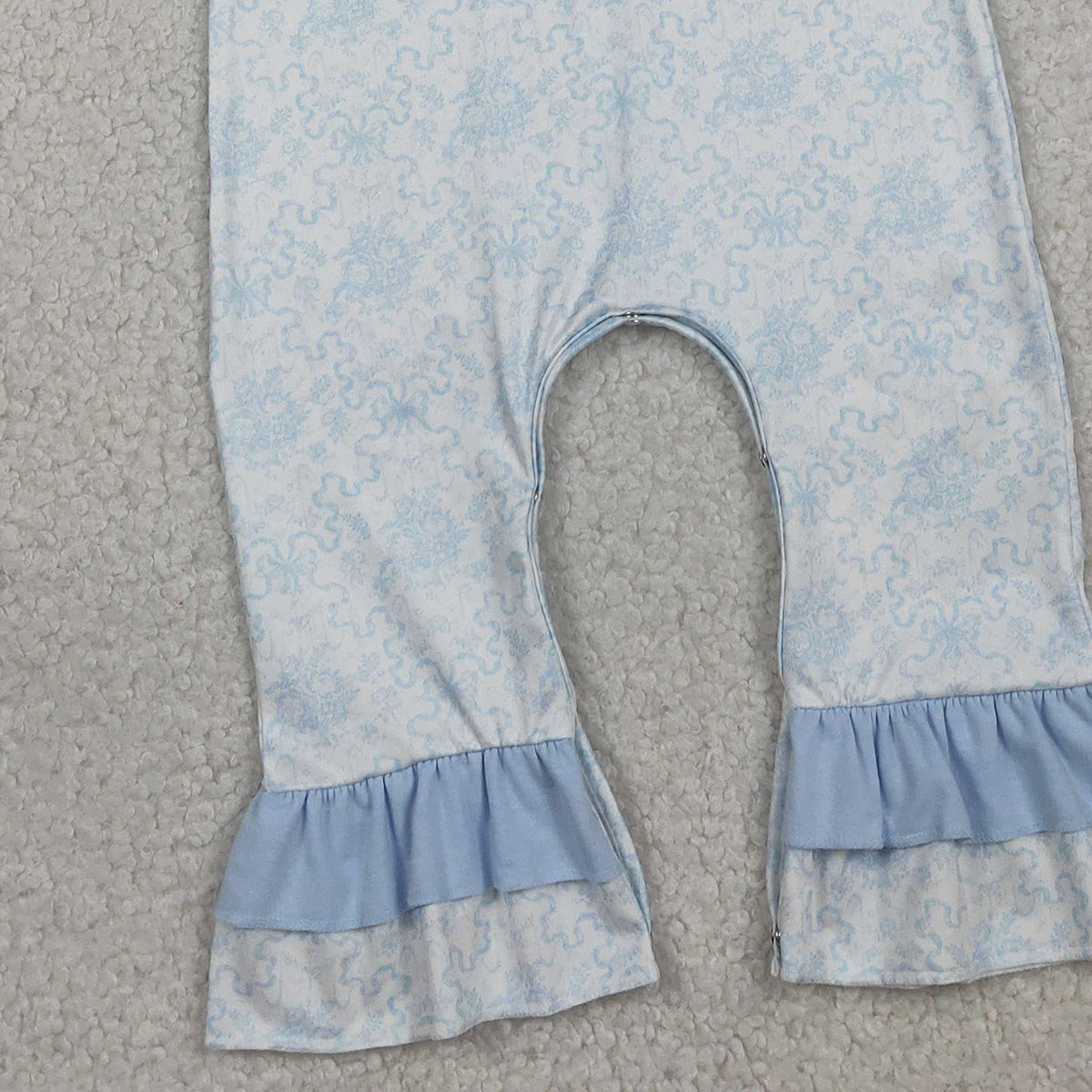2.4 RTS NO MOQ （In stock）SR3843 Embroidery Bows Baby Girls Sleeveless Blue Flowers Ruffle Rompers