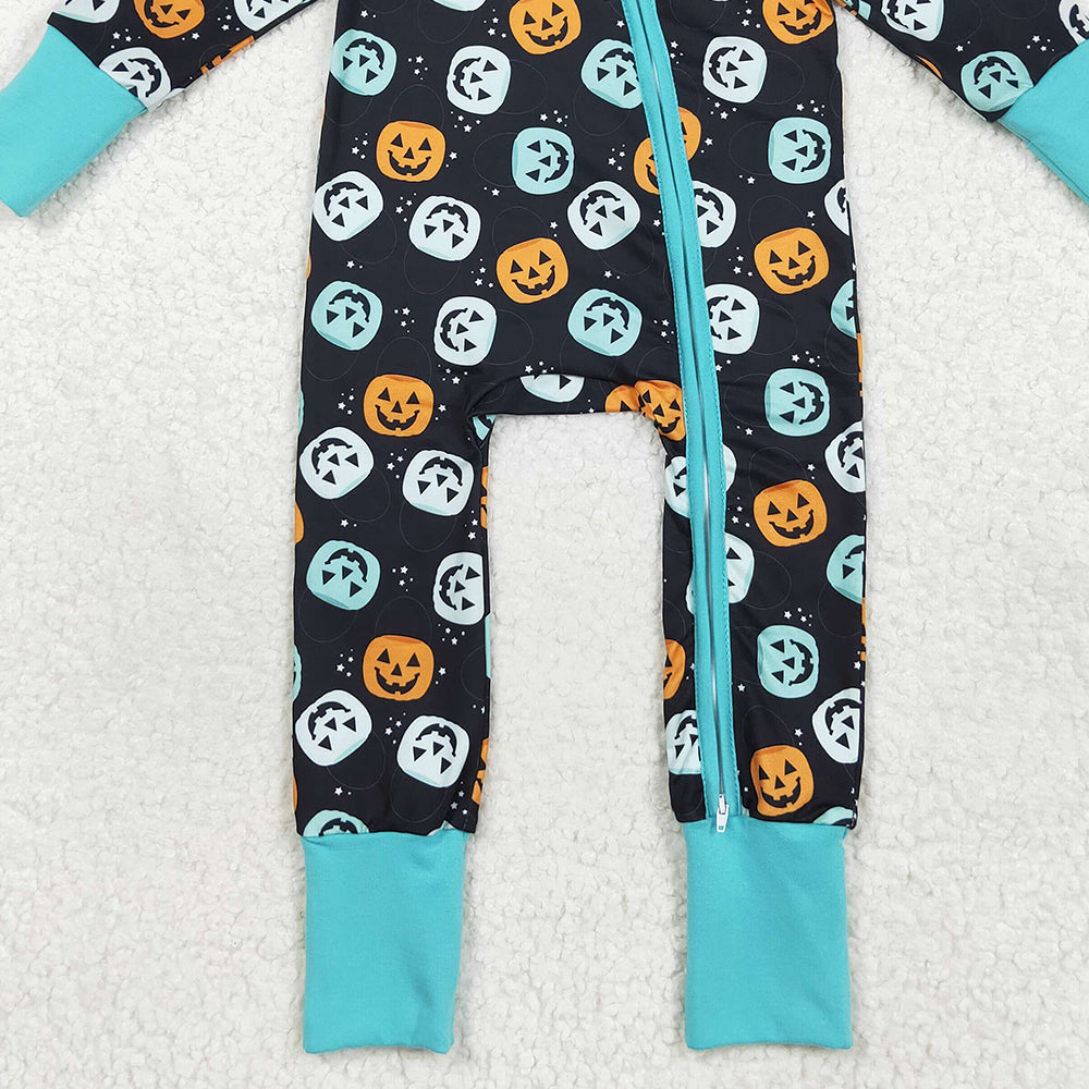RTS NO MOQ （In stock）LR2465 Baby Boys Winter Rompers Baby Boys Ghost Pumpkins Fall Zipper Footie Rompers