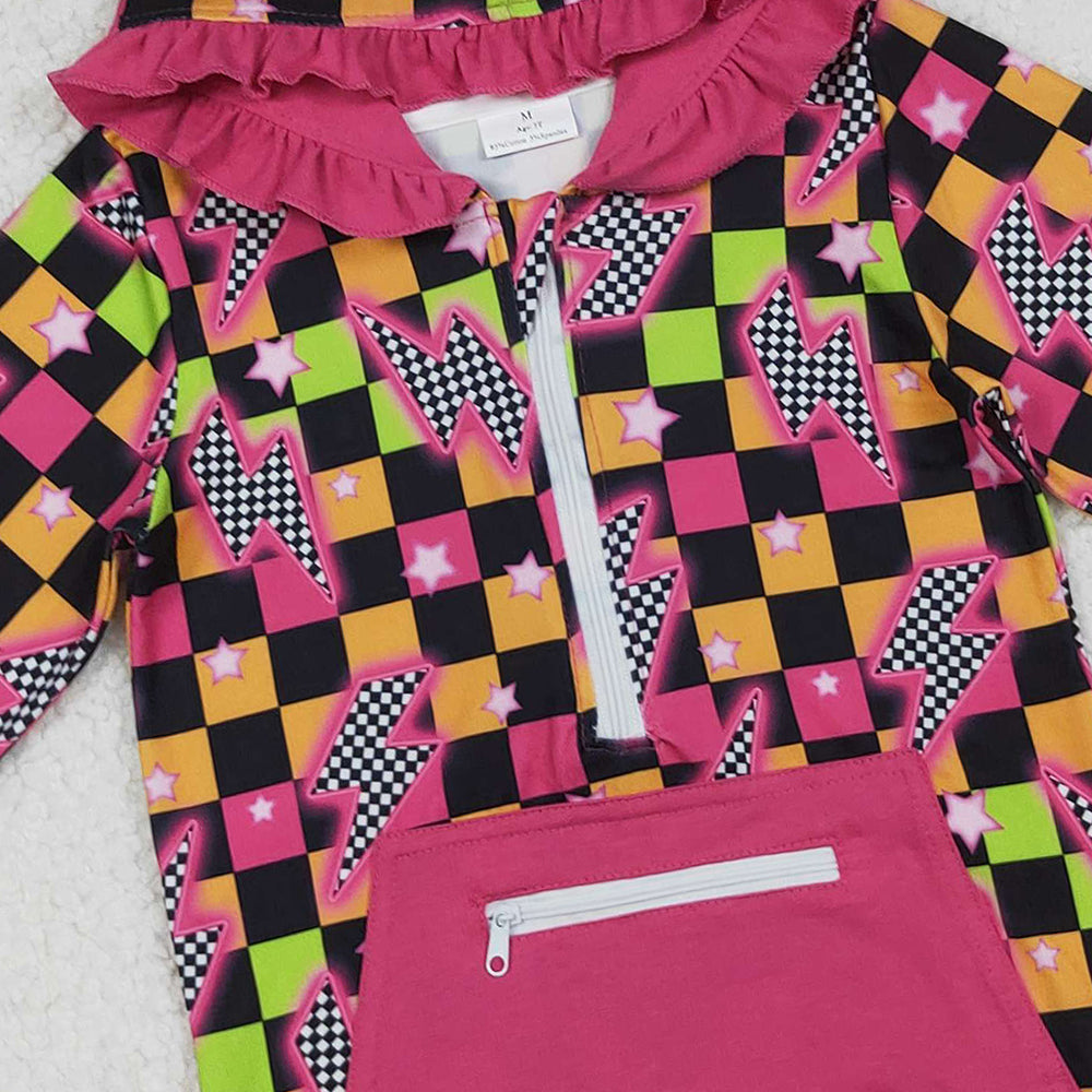 RTS NO MOQ （In stock）GT1117 Baby Girls Long Sleeve Tops Plaid Thunder Ruffle Zipper Hoodie Long Sleeves for Girls