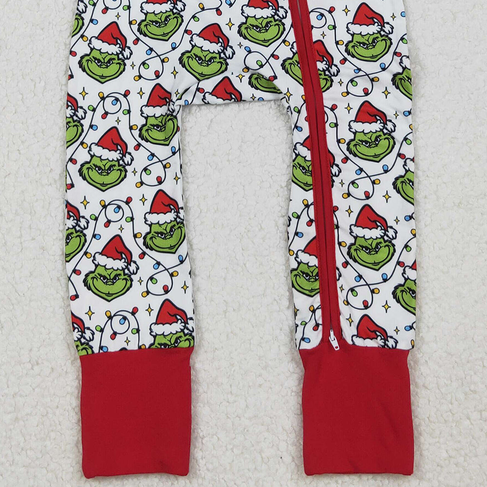RTS NO MOQ （In stock）LR2574 Baby Boys Winter Rompers Christmas Lights Green Face Plaid Zipper Footie Rompers