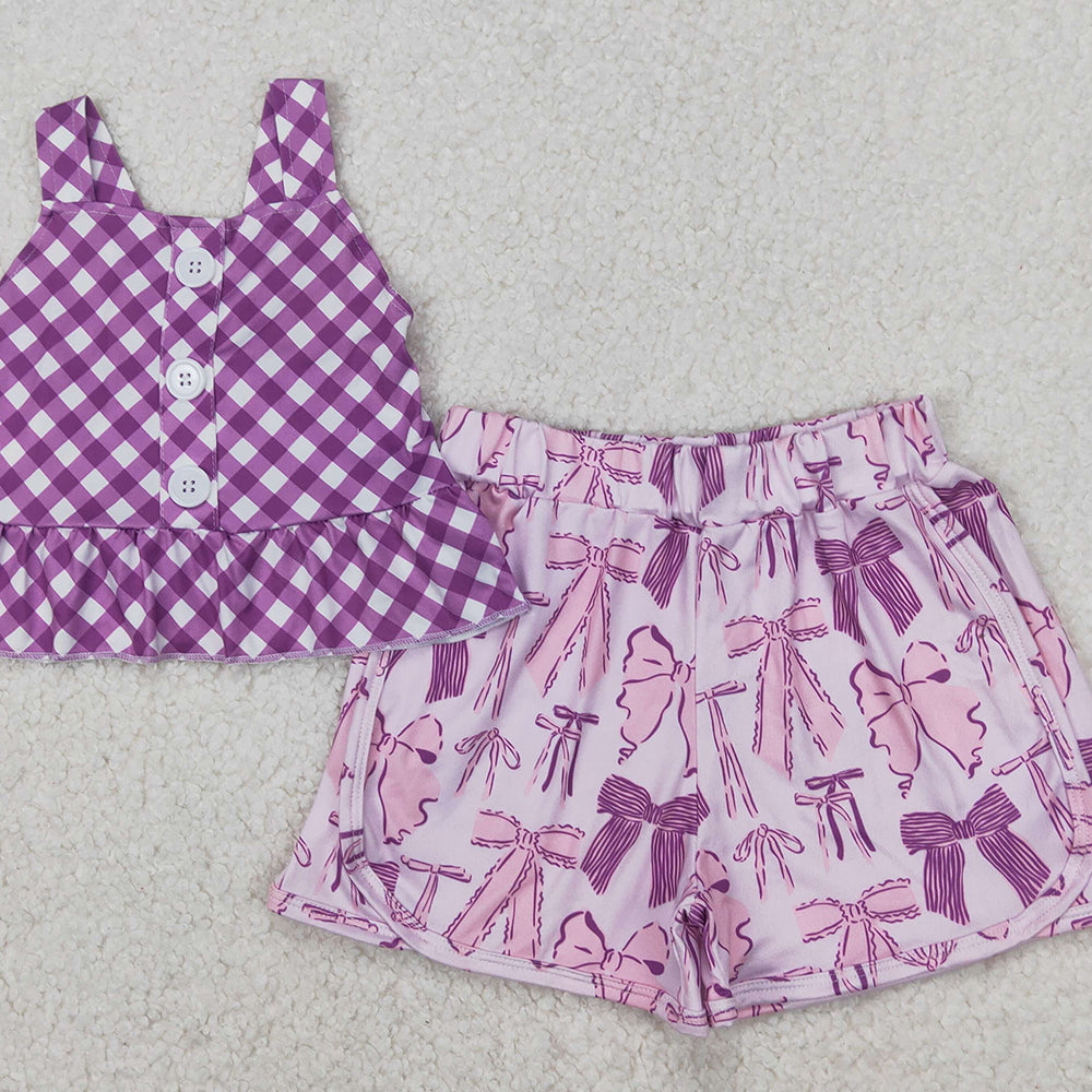 GSSO2035RTS NO MOQ Baby Girls Summer Outfits Baby Girls Purple Checkered Straps Top Bows Shorts Clothes Sets