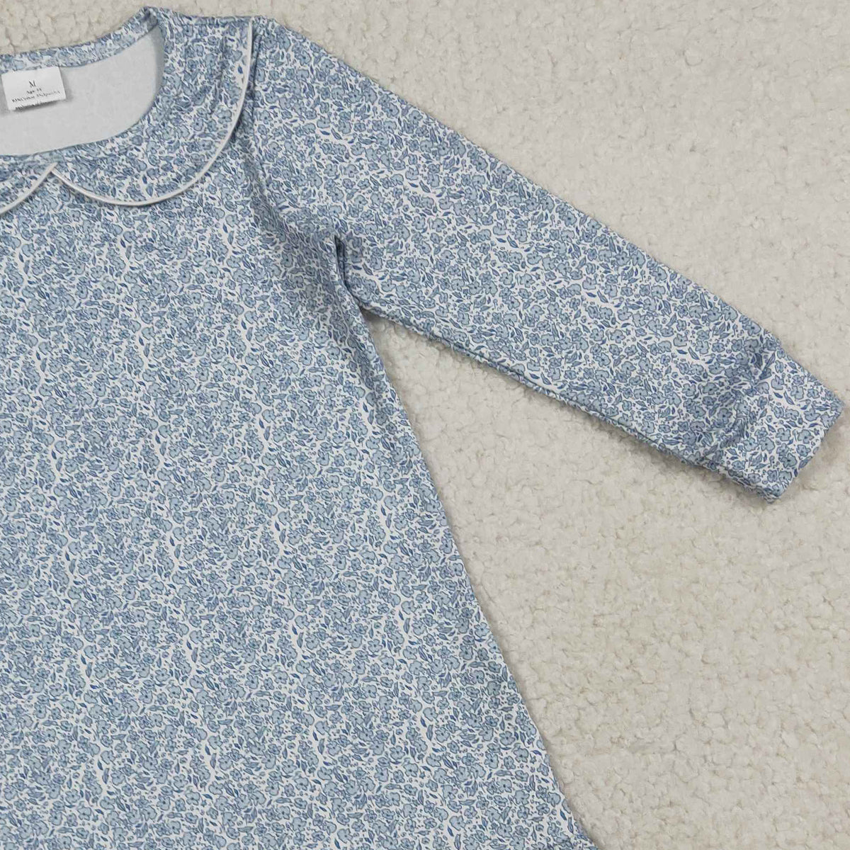 3.21 RTS NO MOQ （In stock）GLD1424 Kids Fashion Clothes Baby Girls Long Sleeve Blue Floral Ruffle Knee Length Dresses