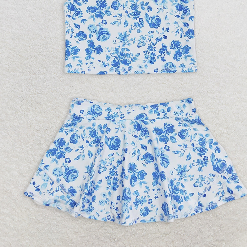 GSD0995  RTS NO MOQ Baby Girls Yoga Outfits Baby Girls Summer Blue Flowers Top Skirts Active Wear Clothes Sets