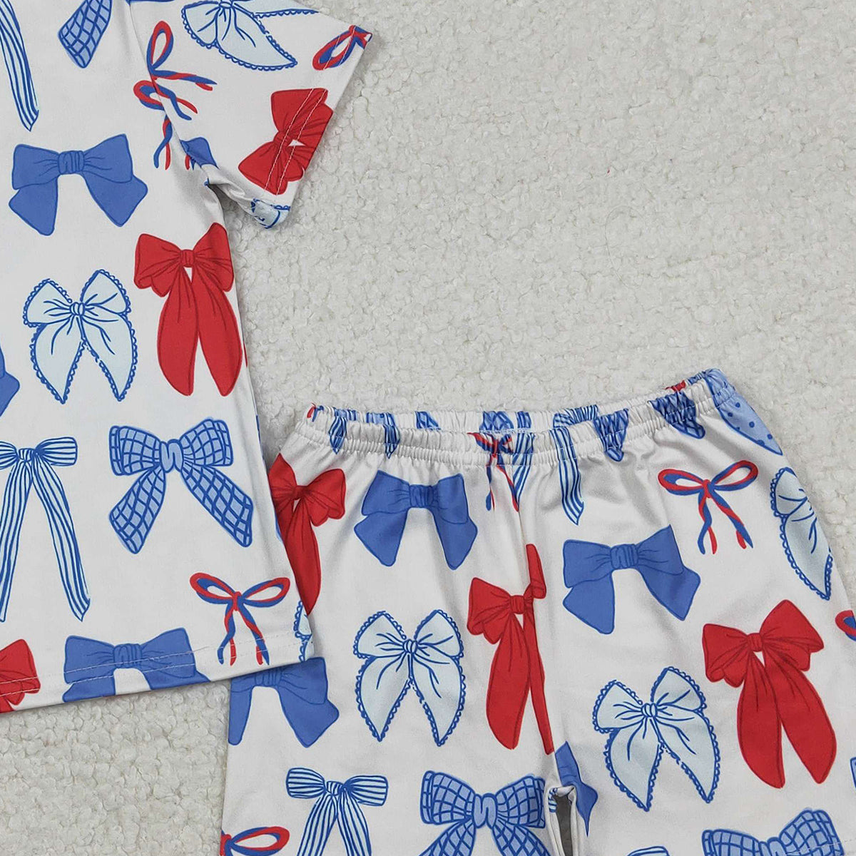 12.9 RTS NO MOQ （In stock）GSSO2772 Baby Girls Blue Red Bows Top Shorts 4th of July Pajamas Clothes Sets