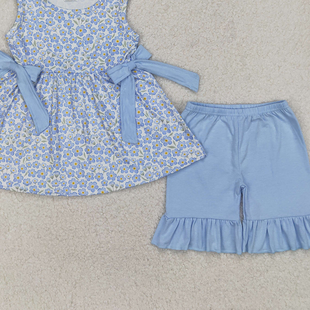 4.14 GSSO2204 RTS NO MOQ Baby Girls Summer Outfits Sleeveless floral bow tunic ruffle shorts girls clothing