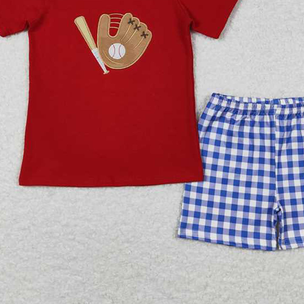 5.16 BSSO0353 RTS NO MOQ Red baseball top blue plaid shorts kids boys clothes
